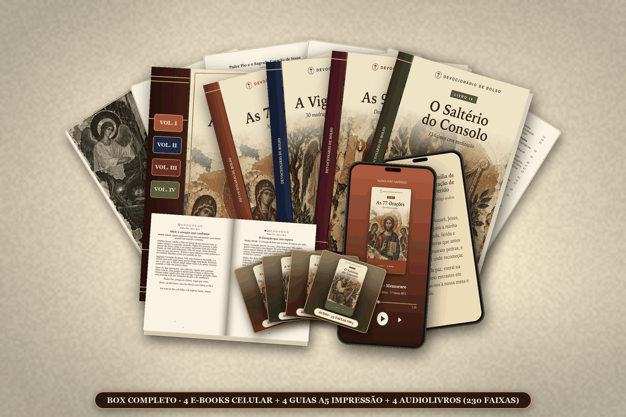 Pacote completo com os 4 livros digitais, versões para impressão A5 e audiolivros narrados