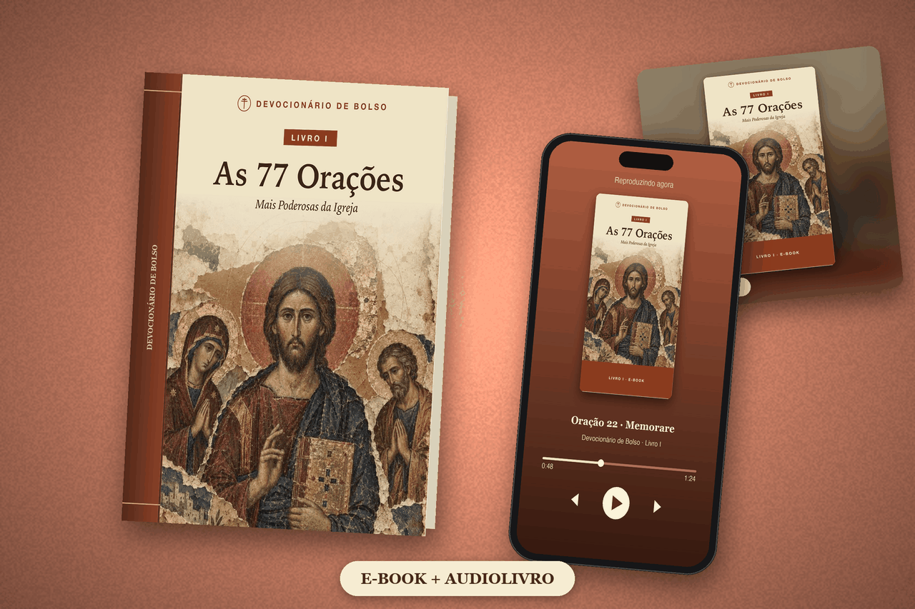 Livro Digital As 77 Orações Mais Poderosas da Igreja no celular, impresso e com audiolivro narrado