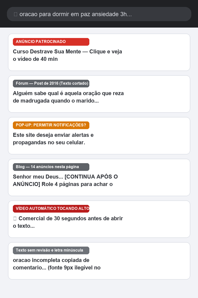 Antes: busca confusa na internet com tela branca forte e anúncios