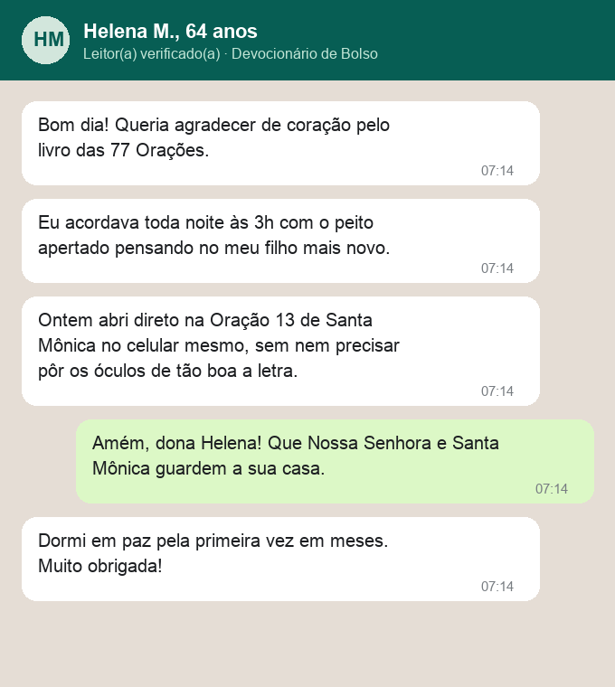 Relato no WhatsApp de Dona Helena sobre a letra grande e a oração das 3h da manhã