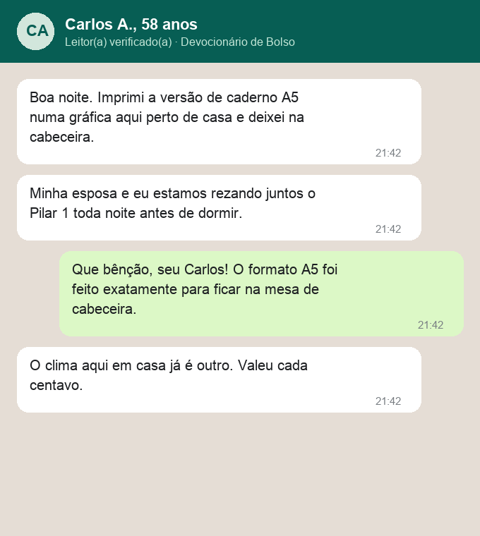 Relato no WhatsApp de Maria Aparecida sobre a oração de Santa Mônica pelo filho