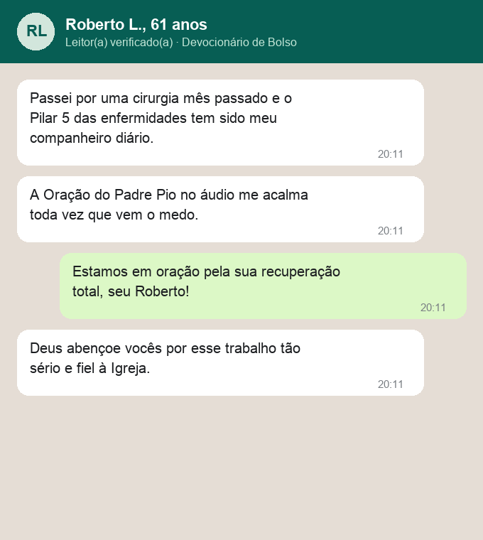 Relato no WhatsApp de Dona Lúcia sobre as novenas e salmos do pacote completo